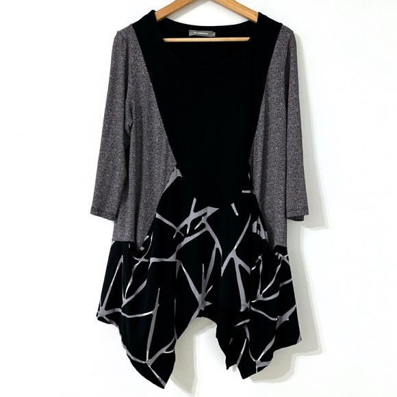 alembika Tops - Alembika Two Pocket Black Grey A-line Tunic Blouse Top Asymmetric Hem